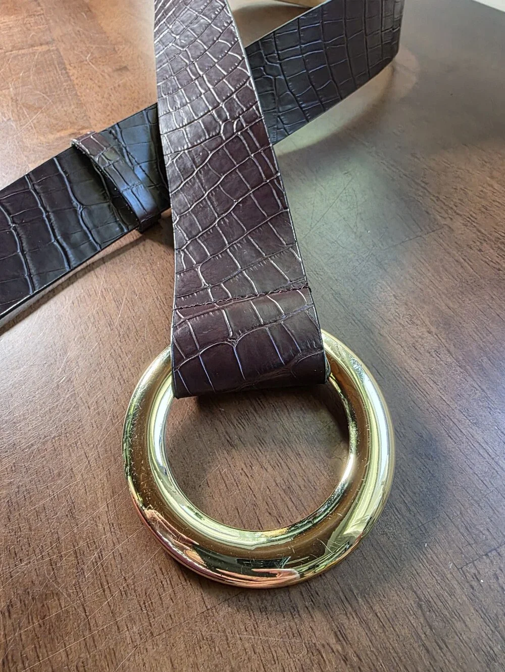 Genuine Leather Croc Embossed O-Ring Belt Gold Round Buckle Dark Brown L